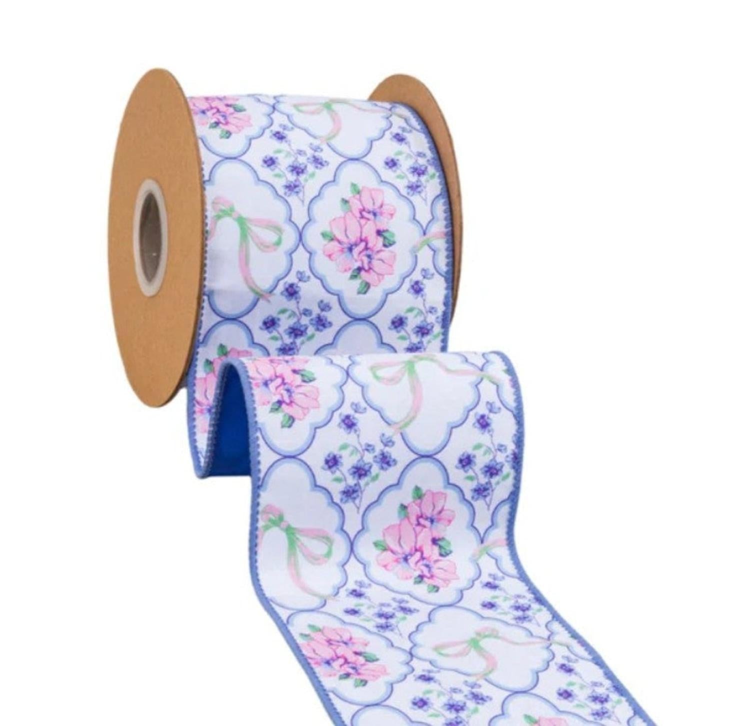 4in Florals and Bow Dupioni Ribbon: Blue/White (10 Yards)