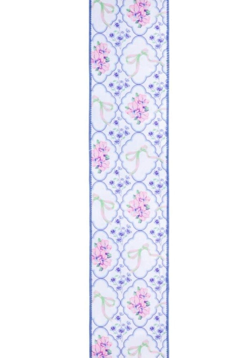 4in Florals and Bow Dupioni Ribbon: Blue/White (10 Yards)