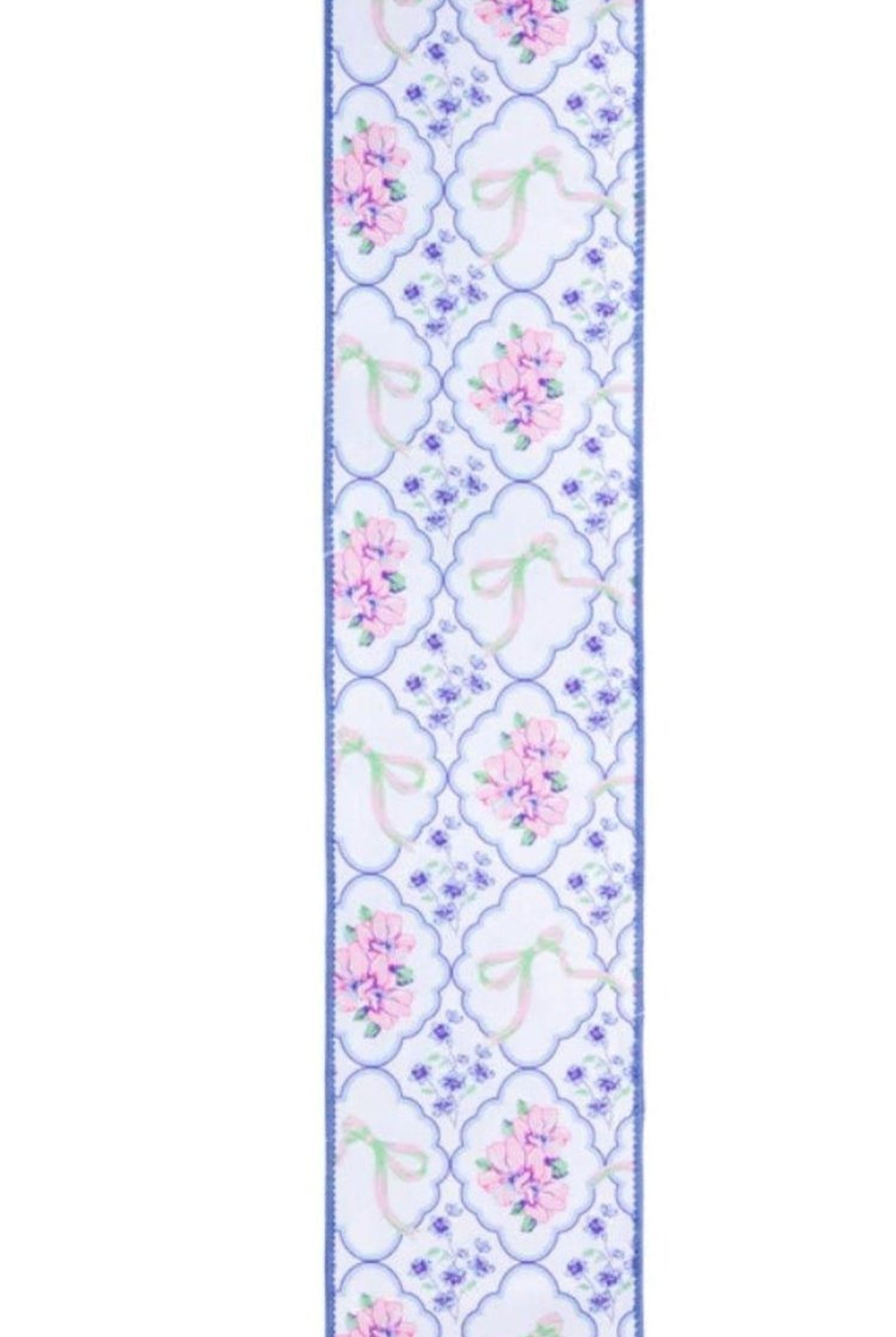 4in Florals and Bow Dupioni Ribbon: Blue/White (10 Yards)