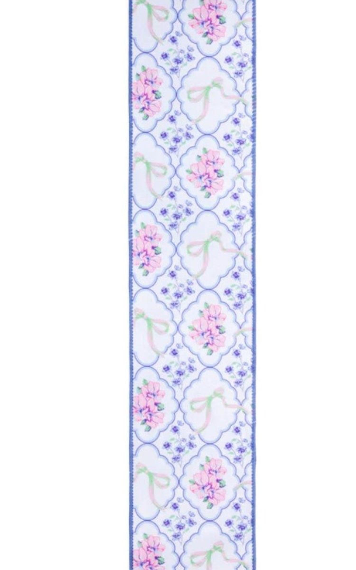 4in Florals and Bow Dupioni Ribbon: Blue/White (10 Yards)