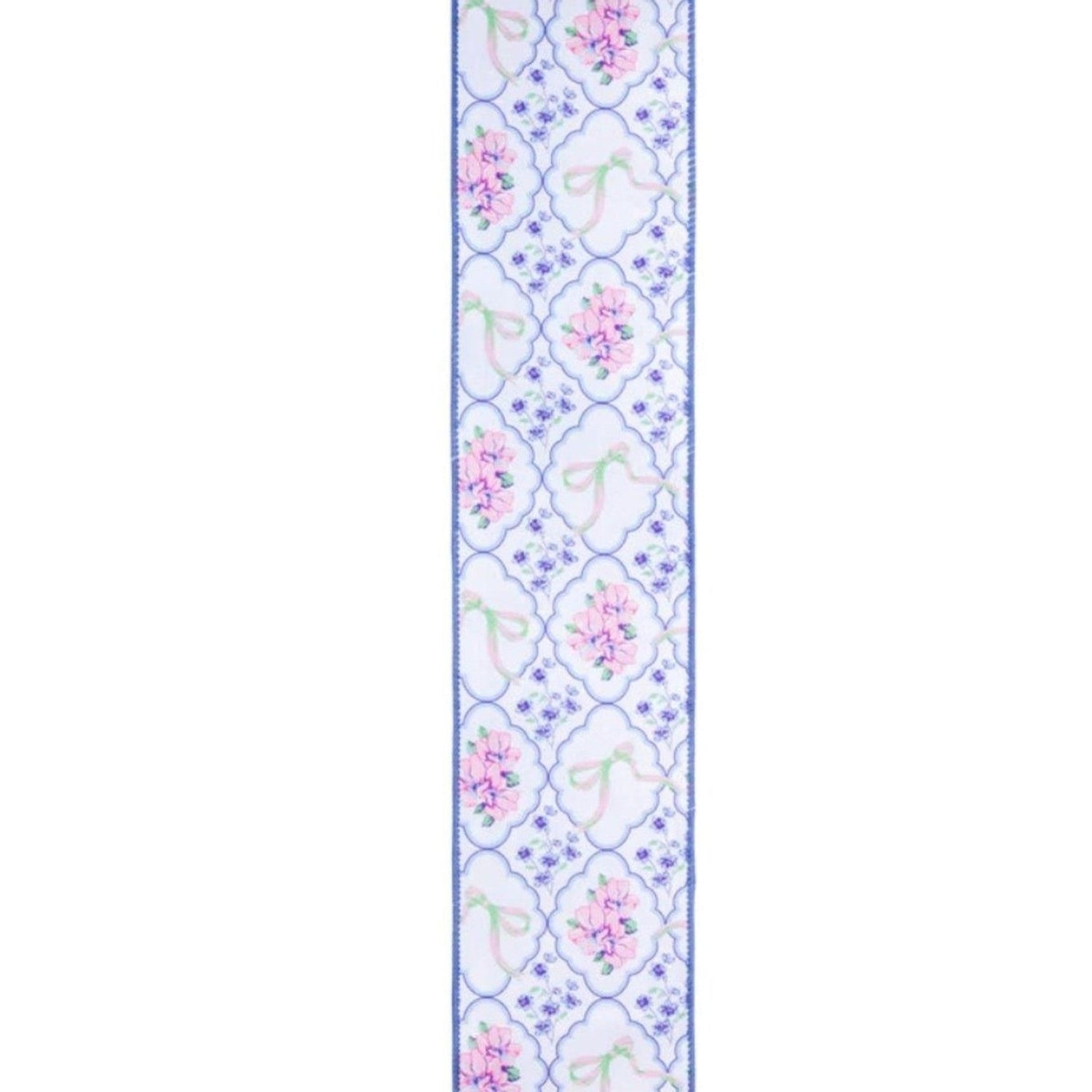 4in Florals and Bow Dupioni Ribbon: Blue/White (10 Yards)