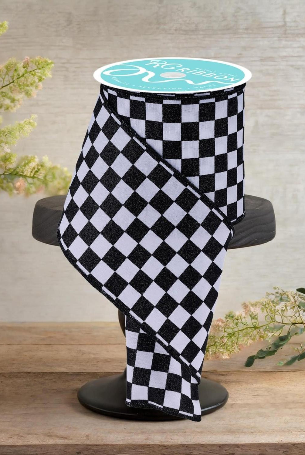 4in Glitter Check Ribbon: Black (10 Yards)