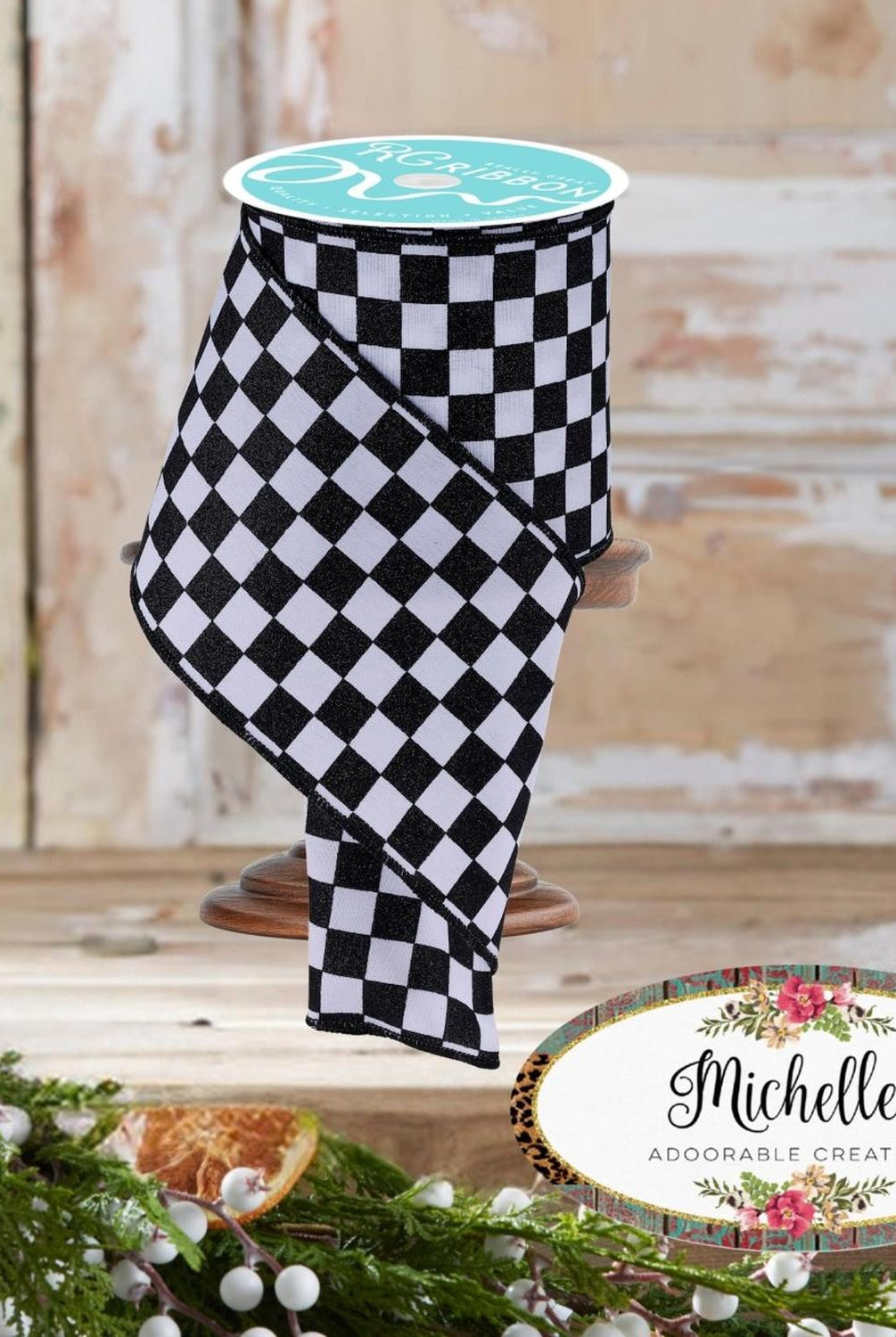 4in Glitter Check Ribbon: Black (10 Yards)