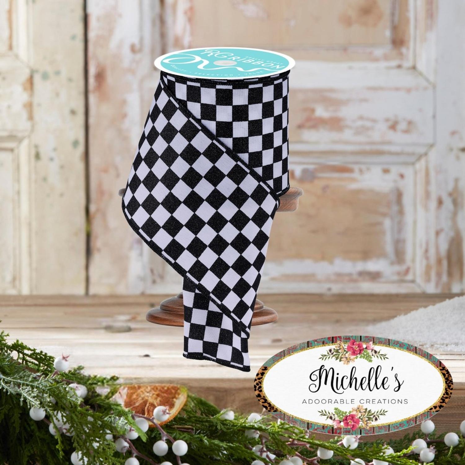 4in Glitter Check Ribbon: Black (10 Yards)