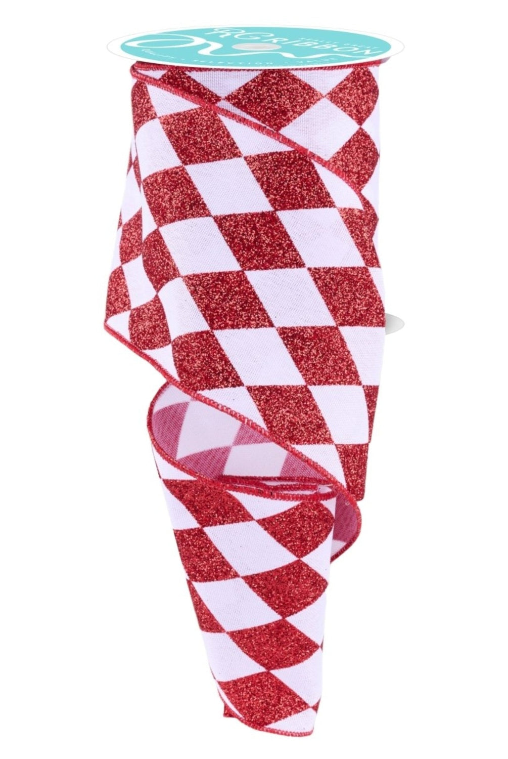 4in Glitter Harlequin Check Ribbon: Red (10 Yards)