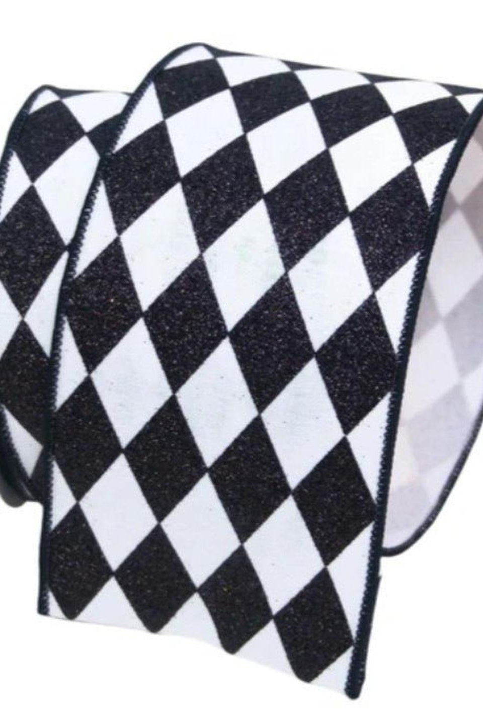 4in Glitter Jester Diamond Ribbon: Black & White (10 Yards)