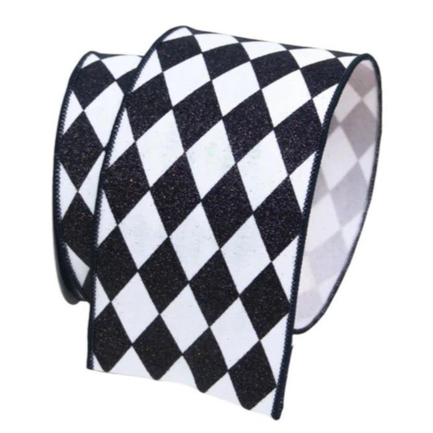 4in Glitter Jester Diamond Ribbon: Black & White (10 Yards)
