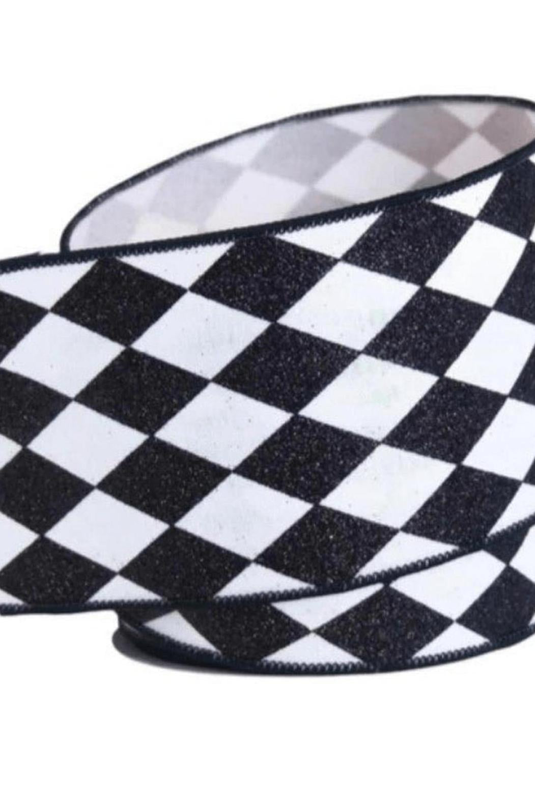 4in Glitter Jester Diamond Ribbon: Black & White (10 Yards)