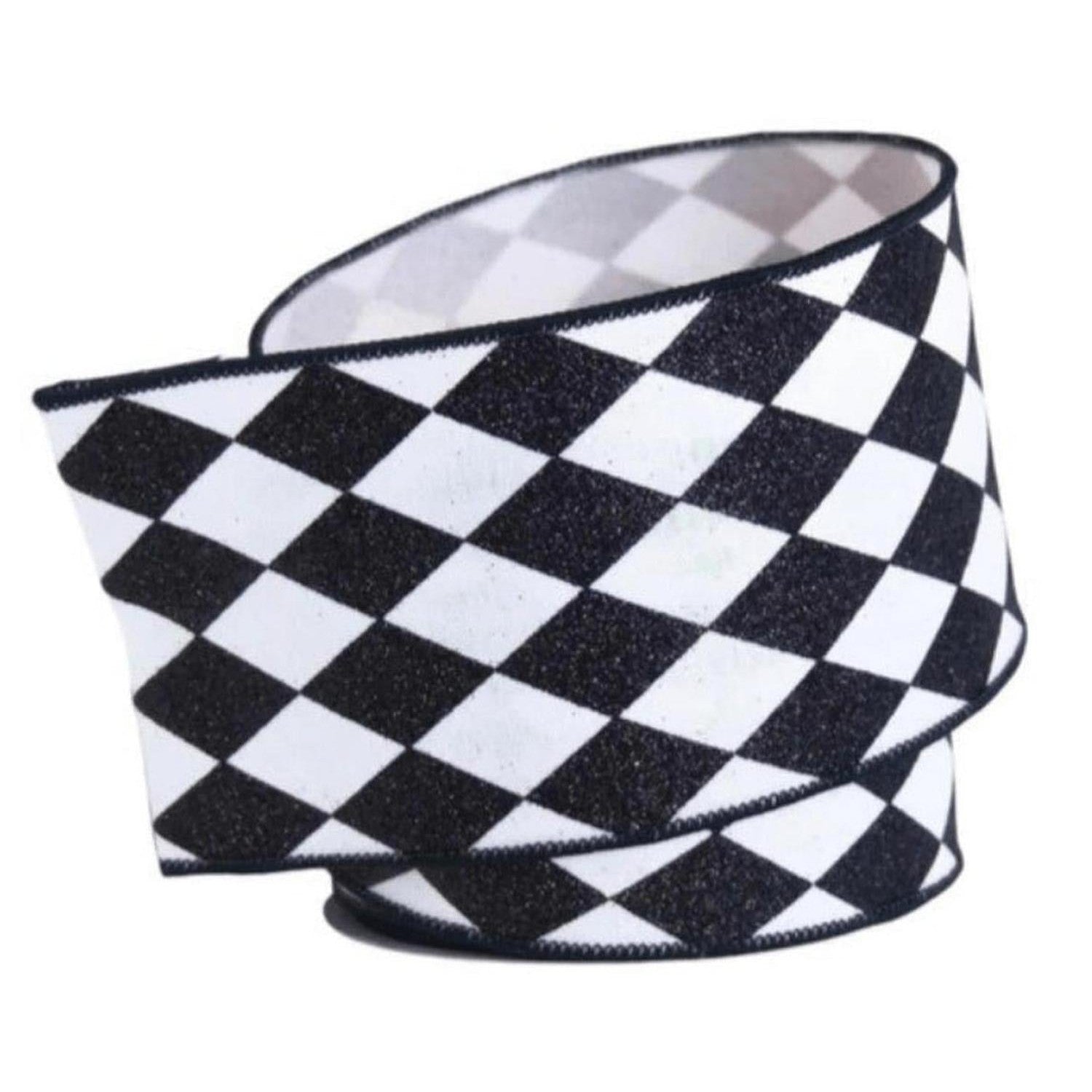 4in Glitter Jester Diamond Ribbon: Black & White (10 Yards)