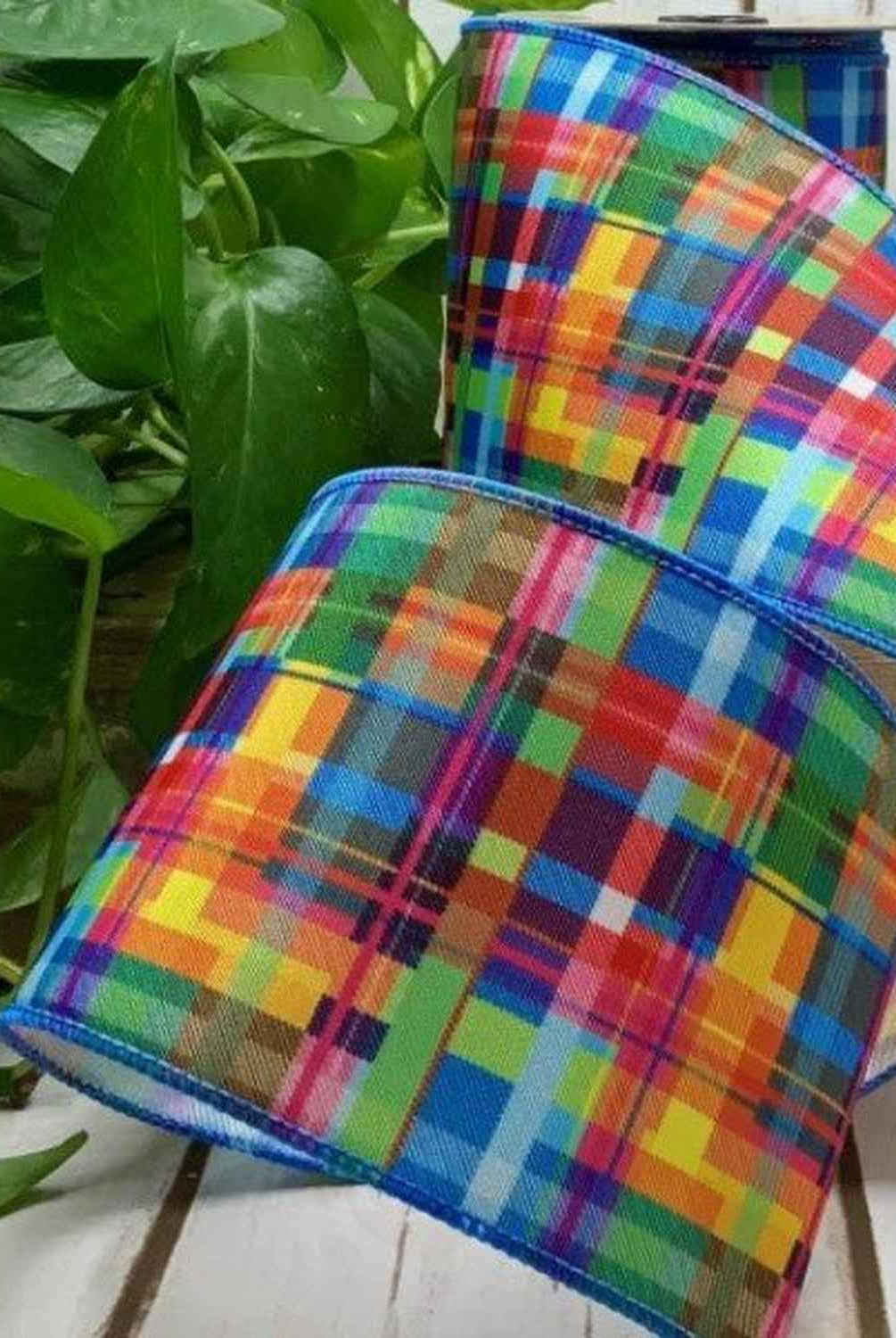 Shop For 4in Grosgrain Mia Spring Plaid Ribbon: Blue (10 Yards)