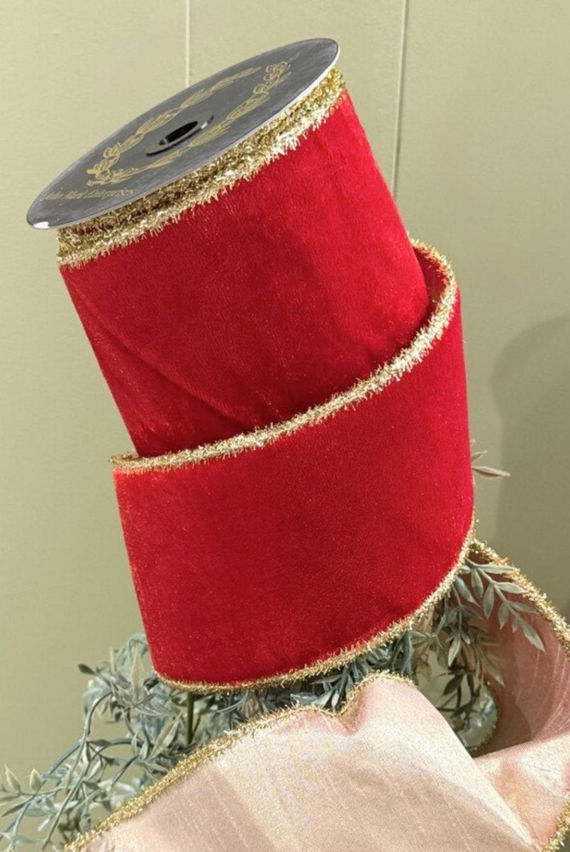 Shop For 4in JME Velvet Metallic Dupion Tinsel Edge Ribbon: Red (10 Yards)