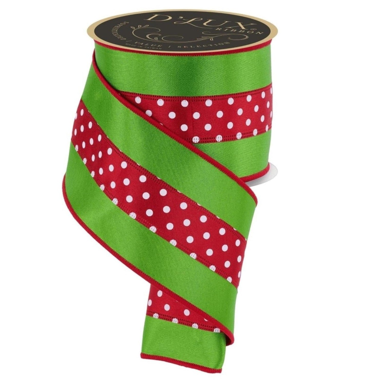 4in Polka Dot Satin Fused Ribbon: Red/Green (10 Yards)