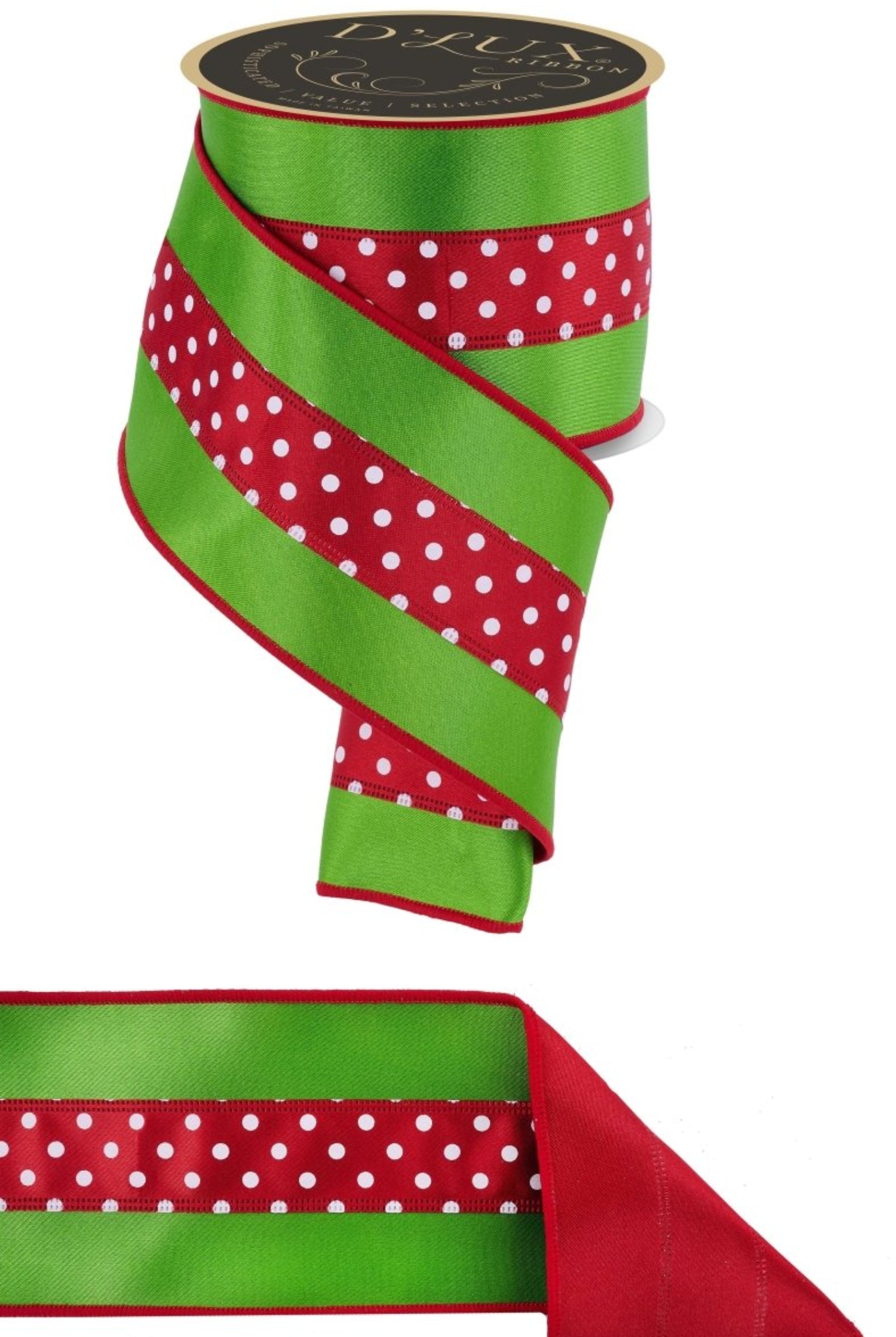 4in Polka Dot Satin Fused Ribbon: Red/Green (10 Yards)