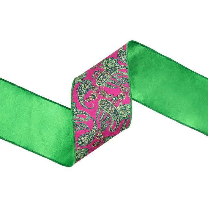 Shop For 4in Preppy Paisley on Hot Pink Ribbon: Satin Green (10 Yards)
