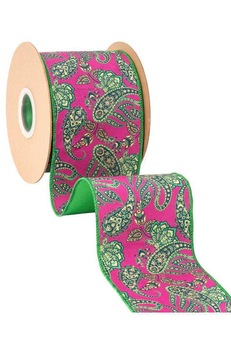 Shop For 4in Preppy Paisley on Hot Pink Ribbon: Satin Green (10 Yards)