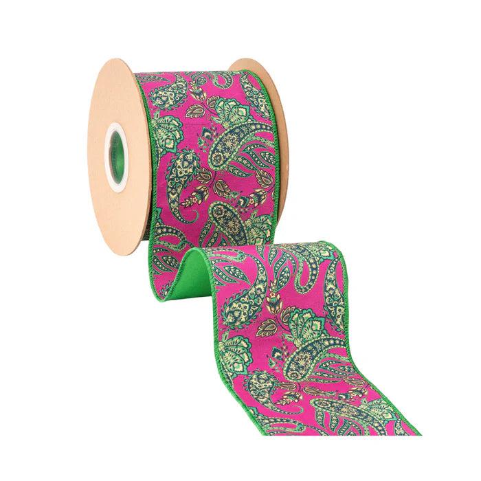 Shop For 4in Preppy Paisley on Hot Pink Ribbon: Satin Green (10 Yards)