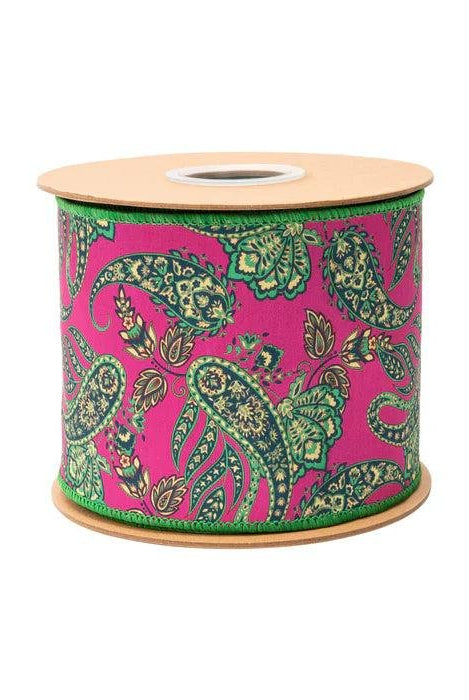 Shop For 4in Preppy Paisley on Hot Pink Ribbon: Satin Green (10 Yards)