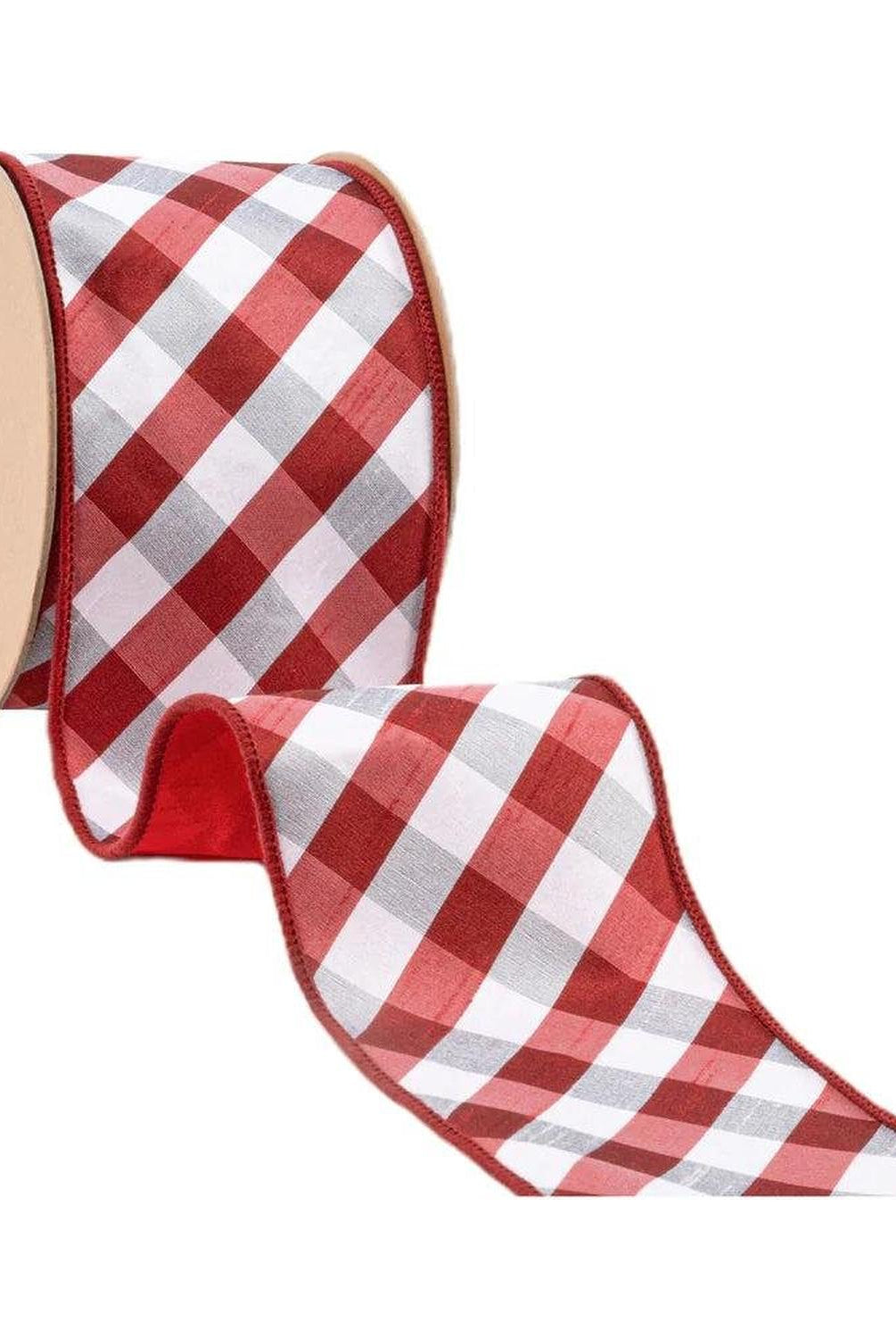 4in Red White Check Dupioni Fused Ribbon (10 Yards)