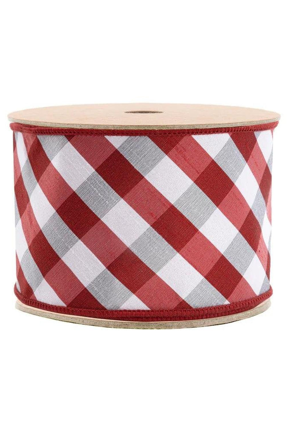 4in Red White Check Dupioni Fused Ribbon (10 Yards)