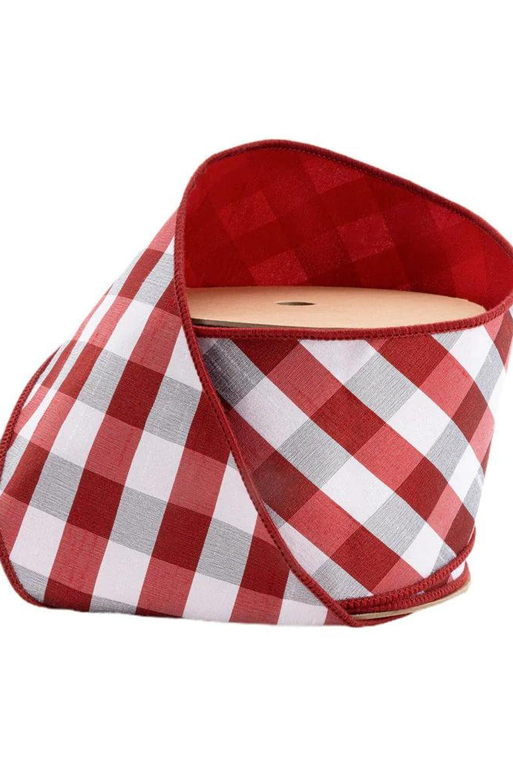 4in Red White Check Dupioni Fused Ribbon (10 Yards)