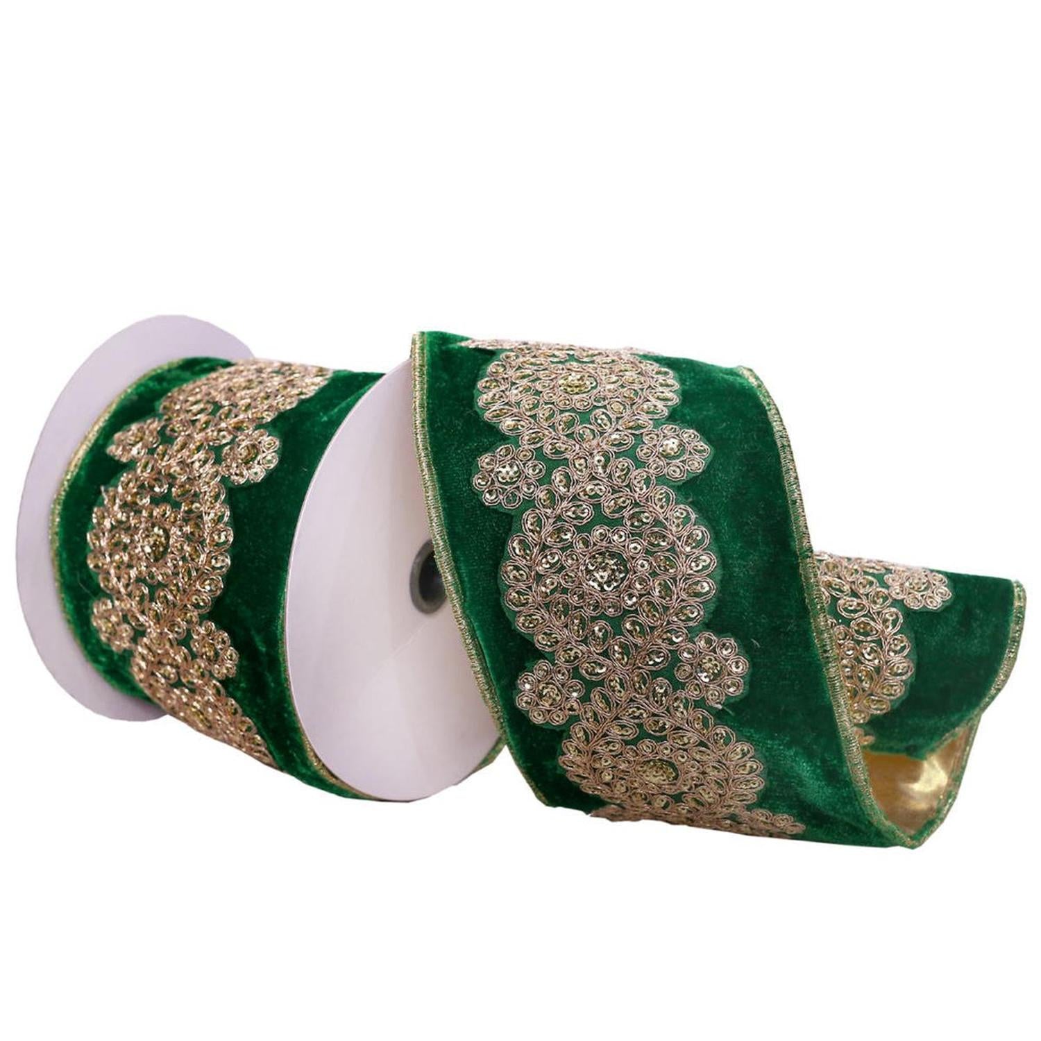 4inch Light Gold Embroidery Ribbon: Emerald Green (5 Yards)