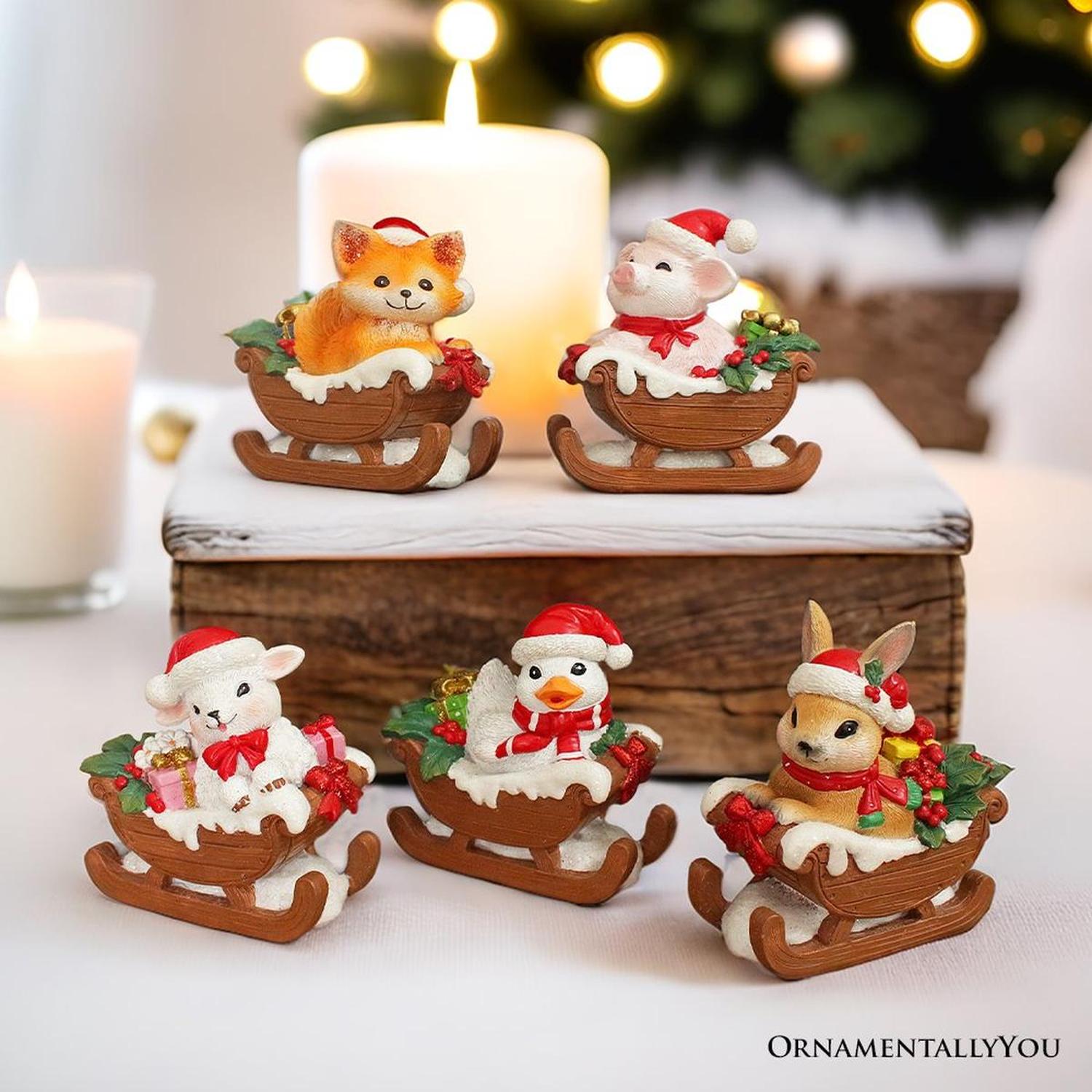 Christmas Critters Animals on Sleighs Set of Five Figurines, 5" Tabletop Holiday Animal Decor with Bunny, Piglet, Duckling, Lamb, and Fox