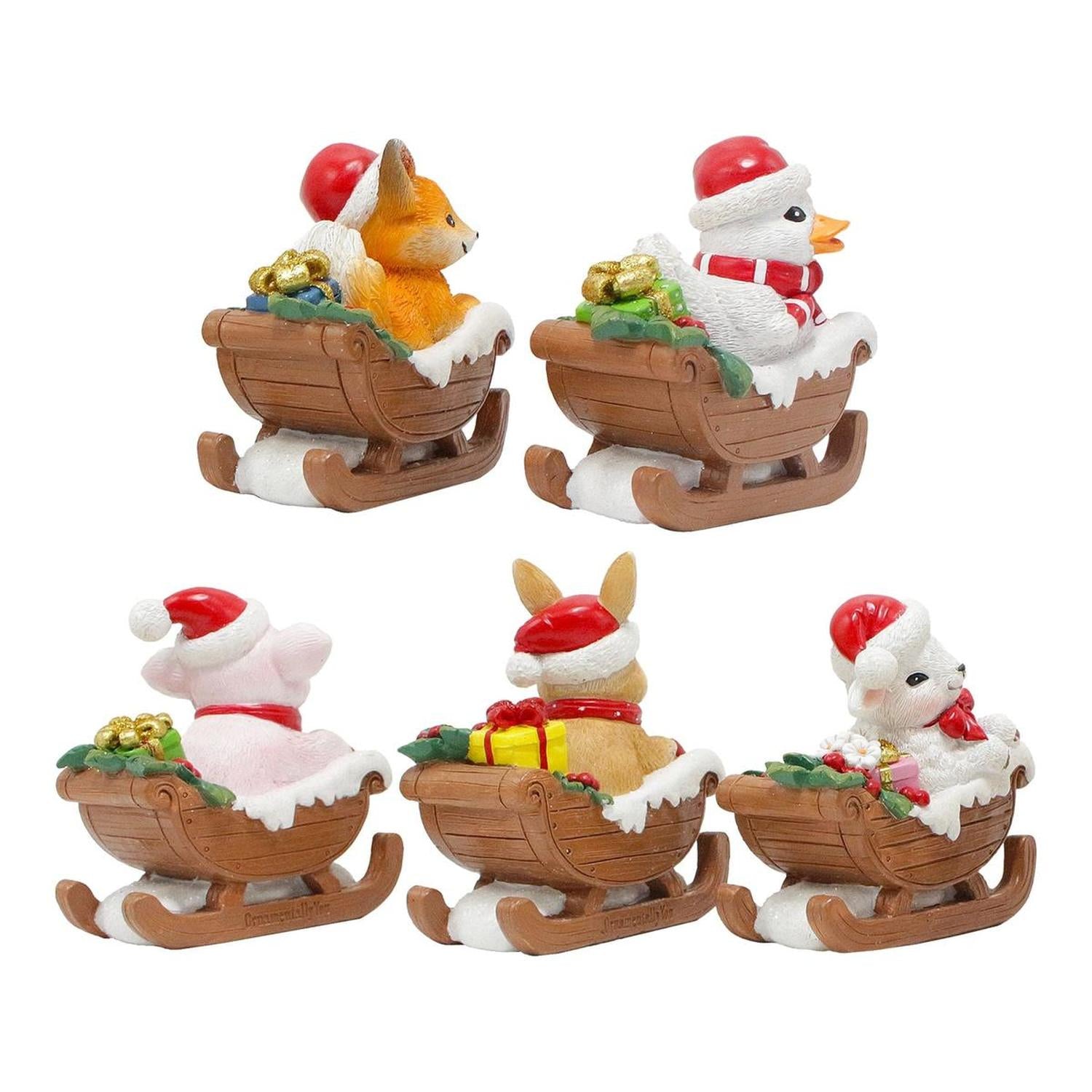 Christmas Critters Animals on Sleighs Set of Five Figurines, 5" Tabletop Holiday Animal Decor with Bunny, Piglet, Duckling, Lamb, and Fox