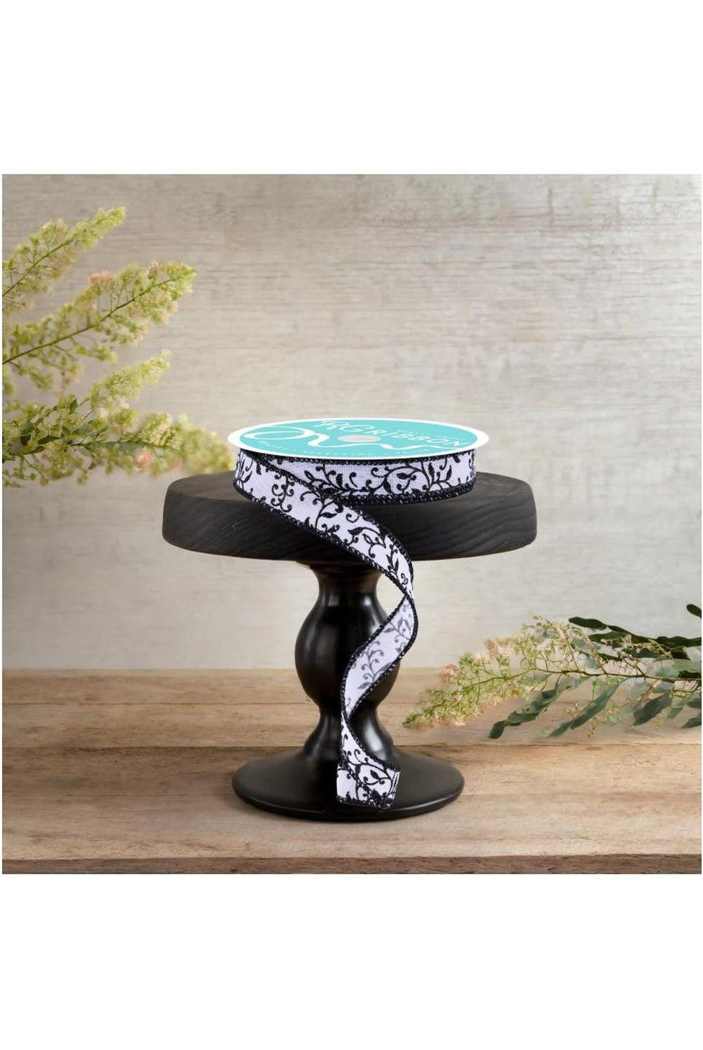 5/8" Glitter Mini Leaf Vines Ribbon: White/Black (10 Yards)