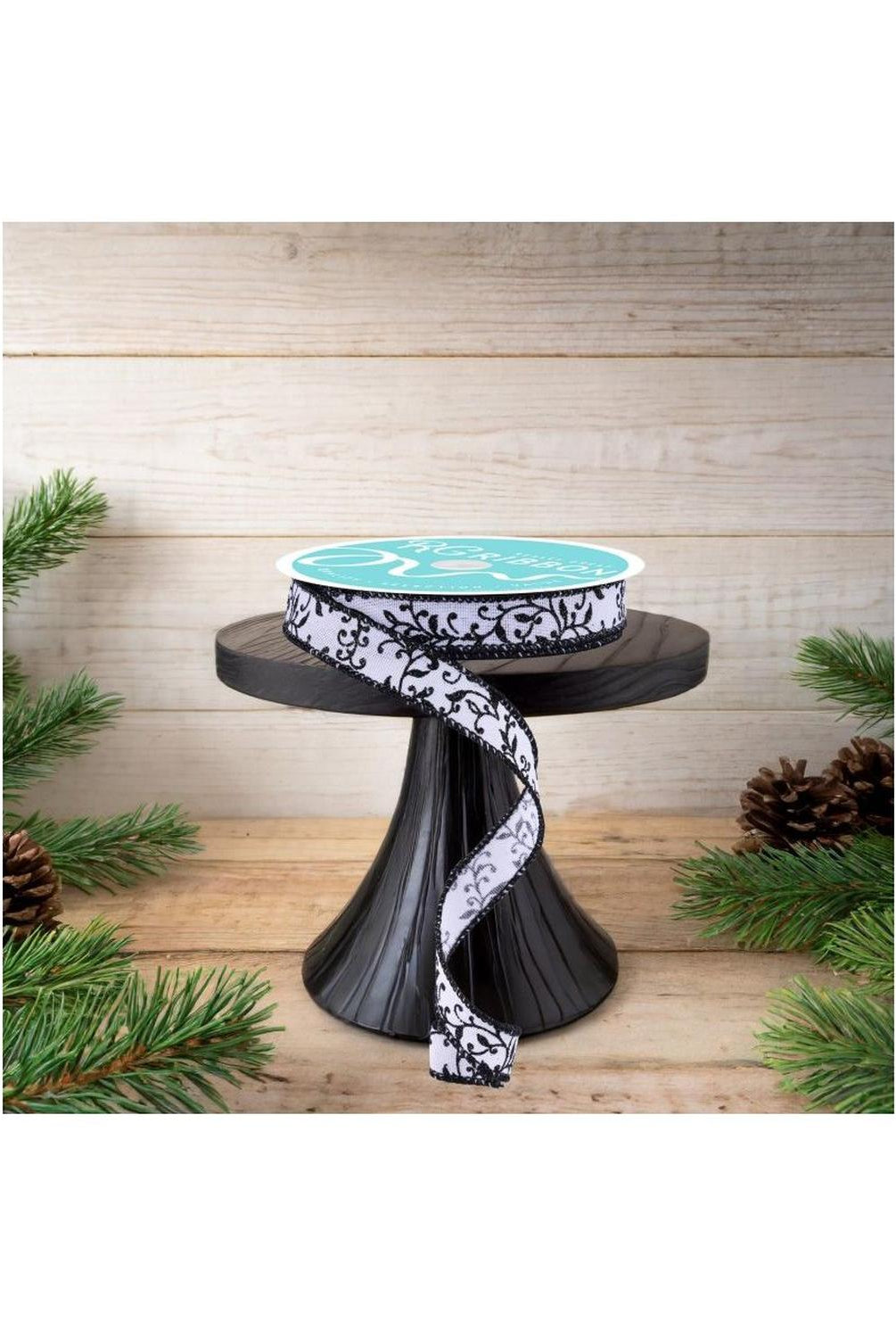 5/8" Glitter Mini Leaf Vines Ribbon: White/Black (10 Yards)