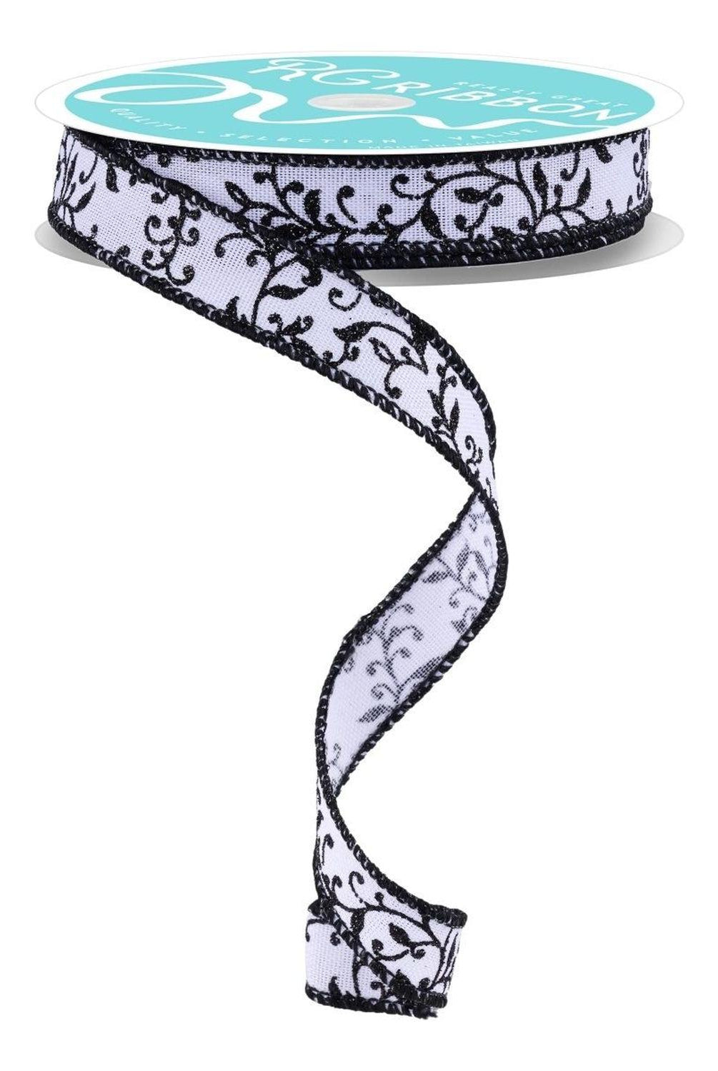 5/8" Glitter Mini Leaf Vines Ribbon: White/Black (10 Yards)