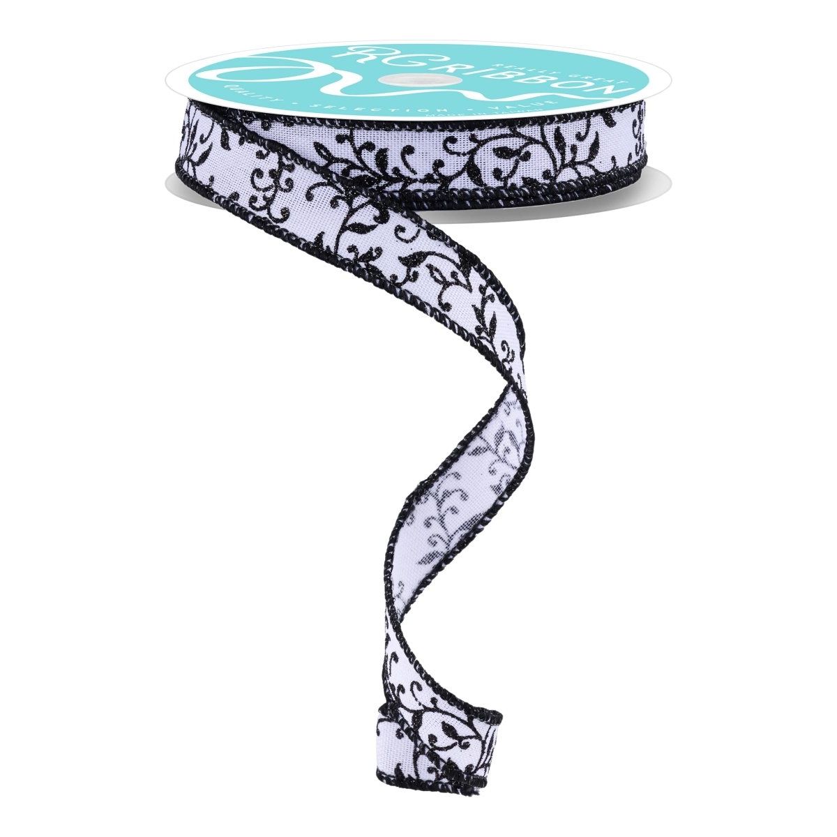 Shop For 5/8" Glitter Mini Leaf Vines Ribbon: White/Black (10 Yards)