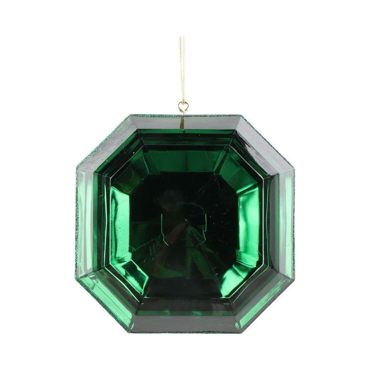 Front view of green faceted square holiday ornament with sparkling glitter detail
