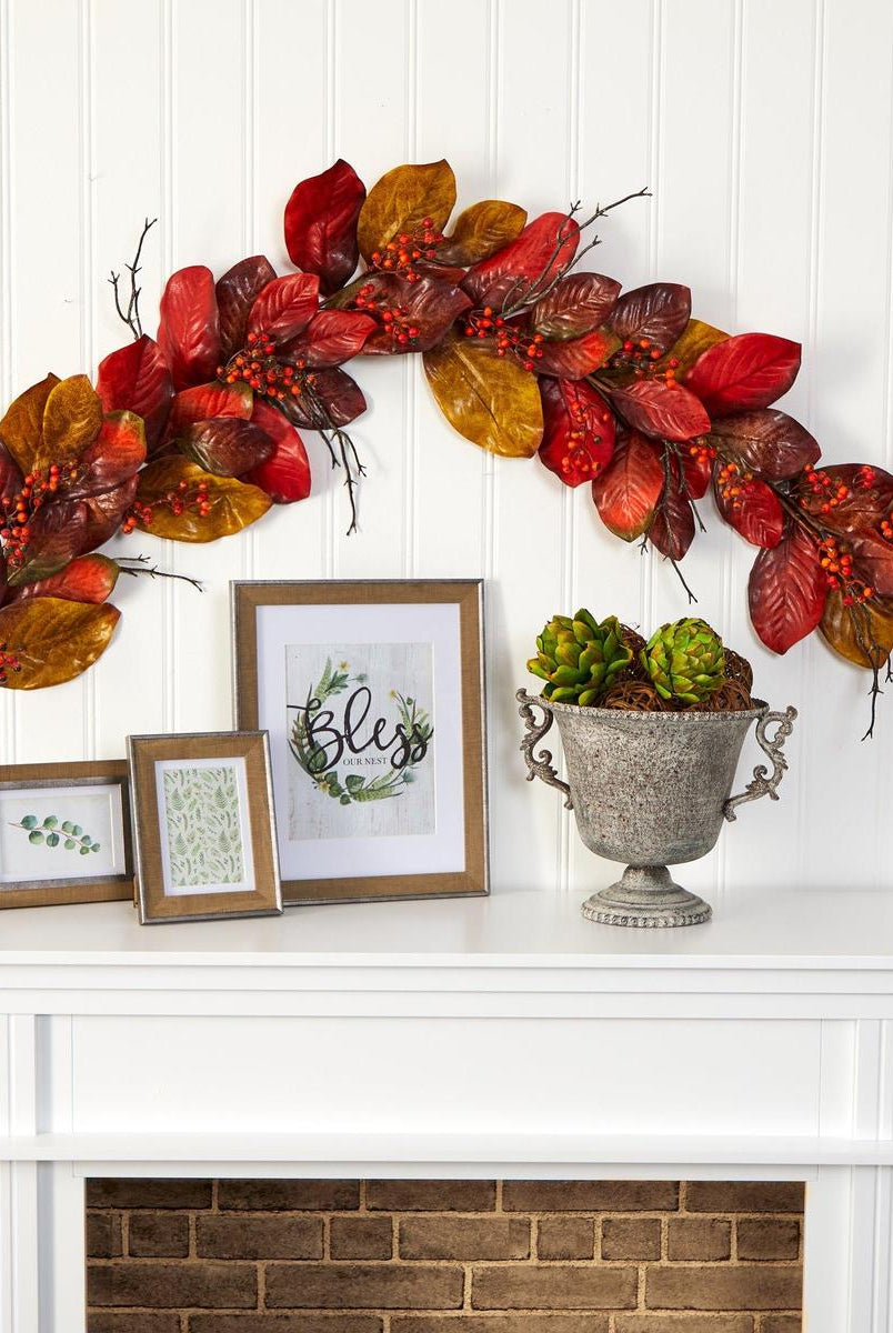 Shop For 6’ Autumn Magnolia Leaf with Berries Artificial Garland