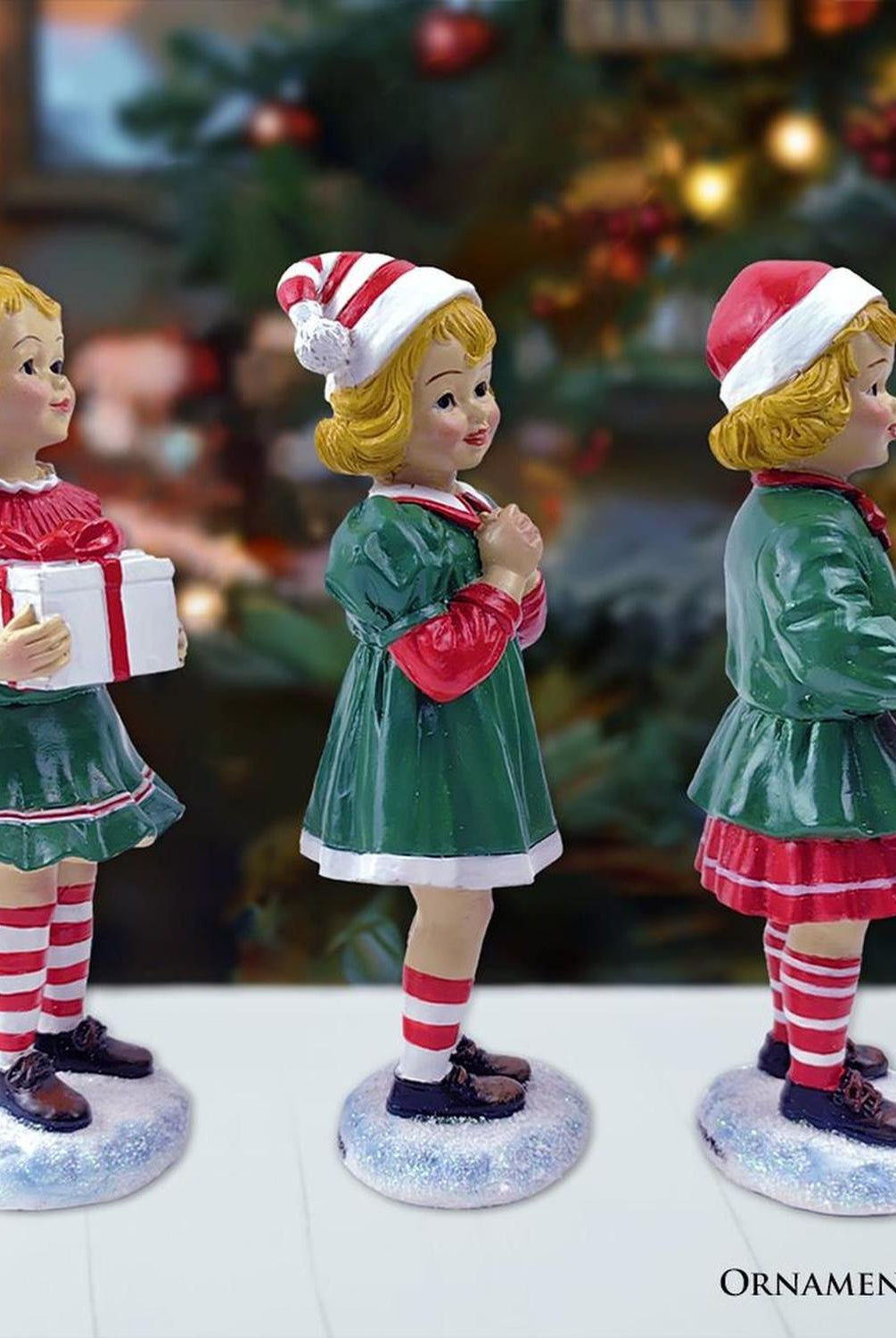 Elegant Victorian Christmas Girl Set of Three Figurines, 6" Holiday Home Decor