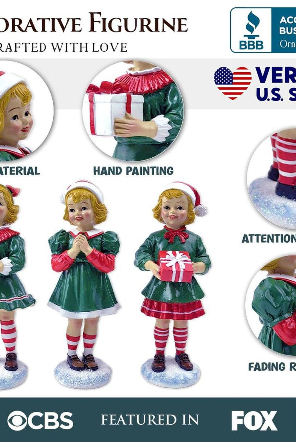 Elegant Victorian Christmas Girl Set of Three Figurines, 6" Holiday Home Decor
