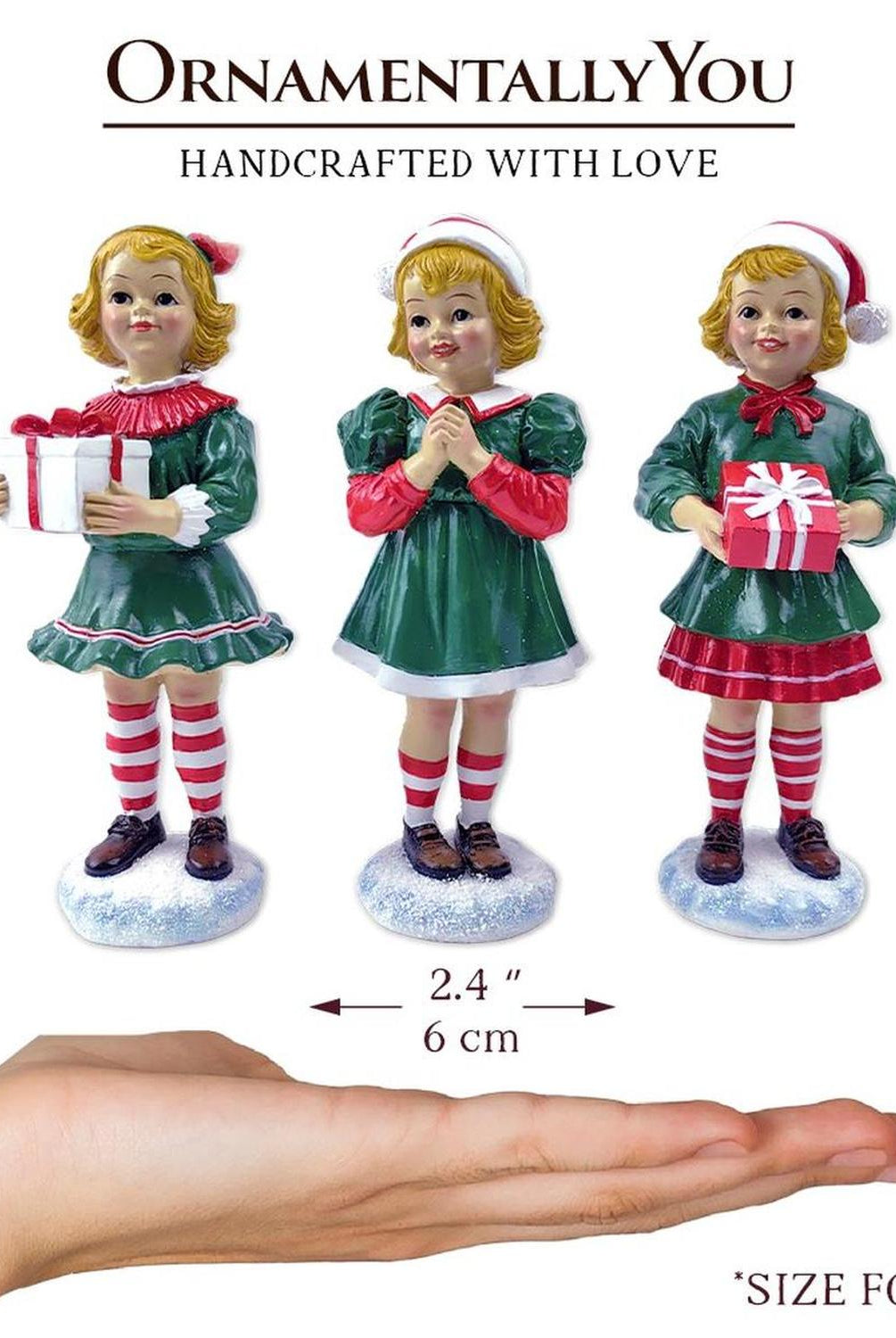 Elegant Victorian Christmas Girl Set of Three Figurines, 6" Holiday Home Decor