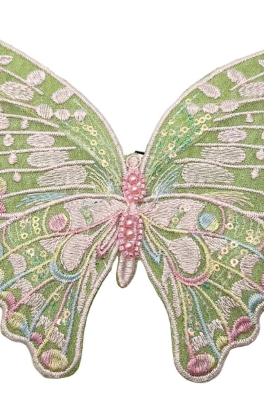 6" Embroidery Pastel Butterfly Clip: Moss Green
