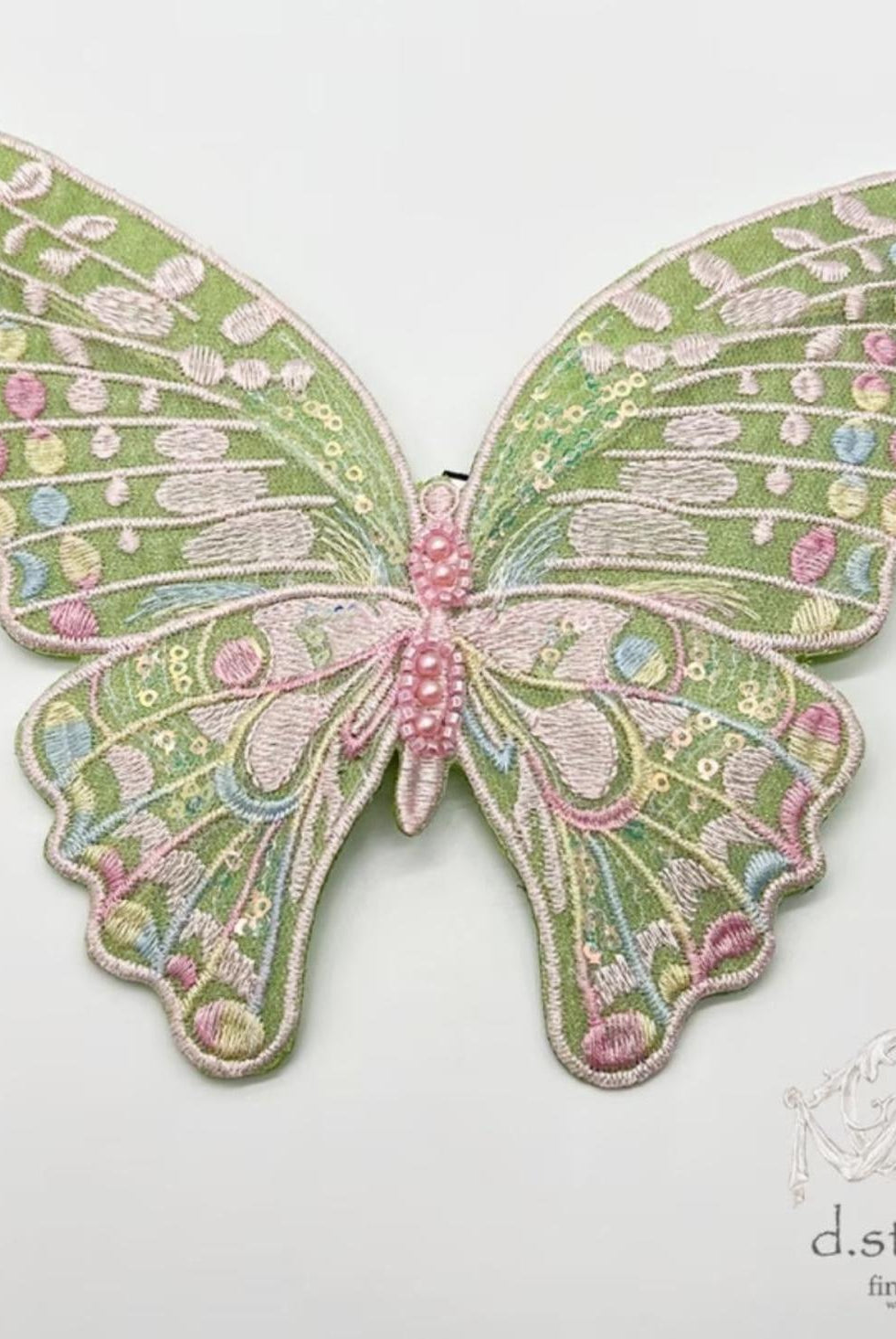 6" Embroidery Pastel Butterfly Clip: Moss Green