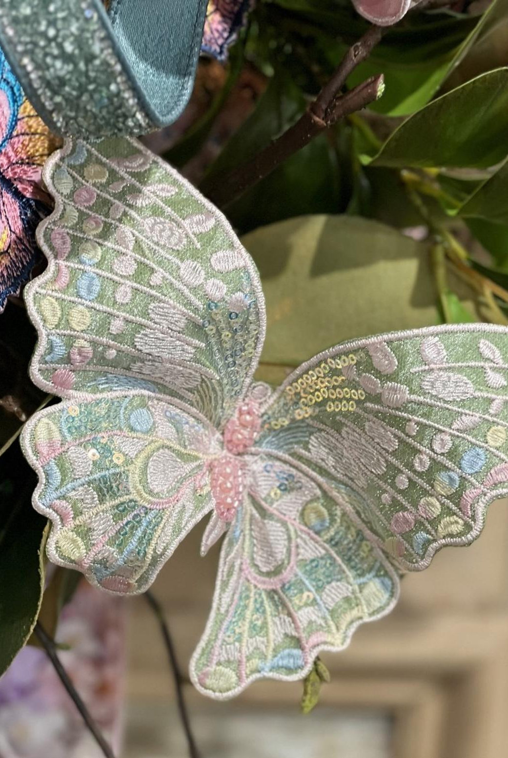 6" Embroidery Pastel Butterfly Clip: Moss Green
