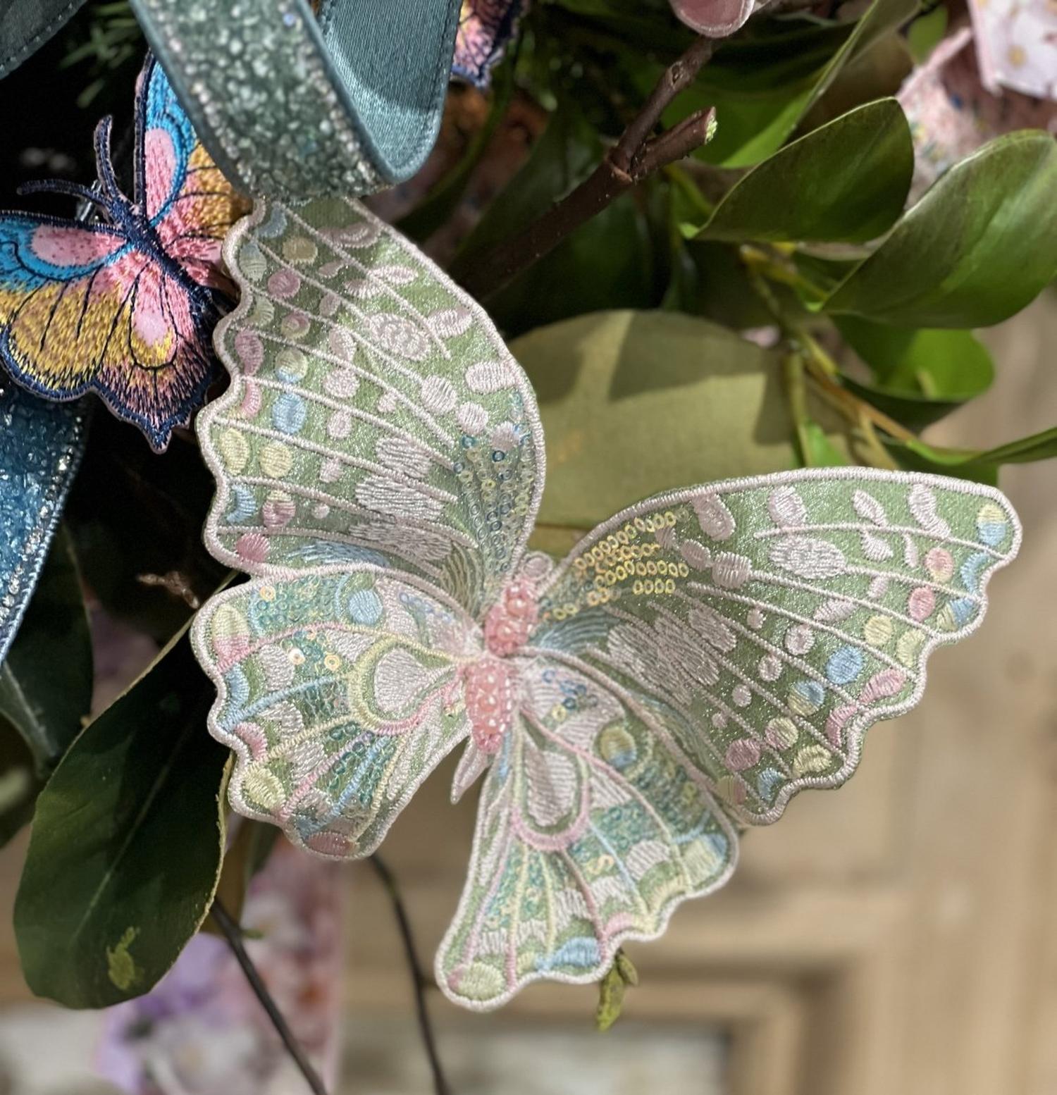 6" Embroidery Pastel Butterfly Clip: Moss Green