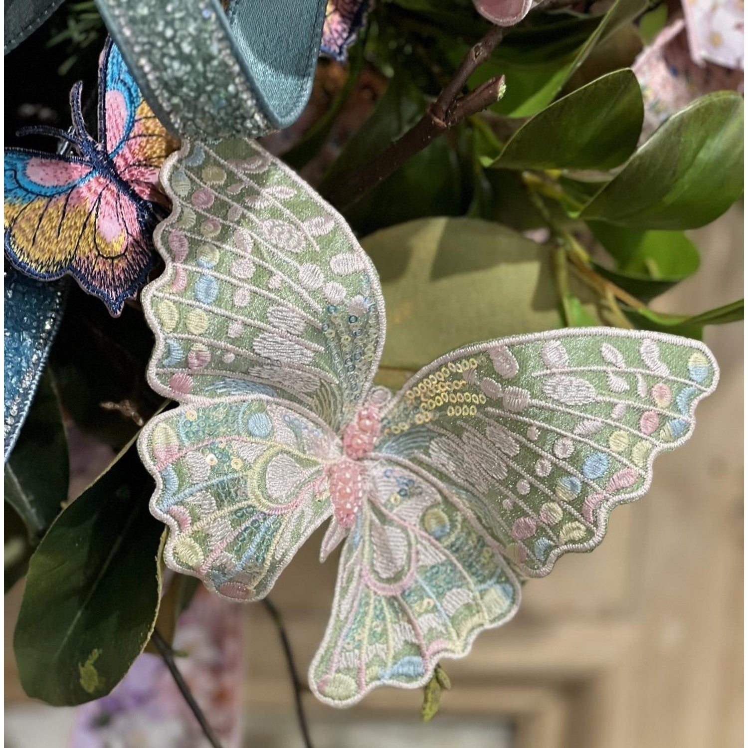 6" Embroidery Pastel Butterfly Clip: Moss Green