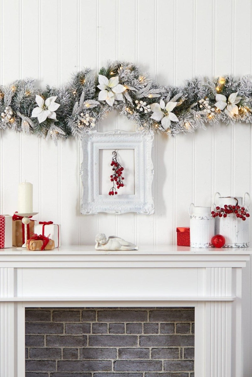 Shop For 6’ Flocked Poinsettia and Berry Artificial Christmas Garland with 50 Warm White LED Lights