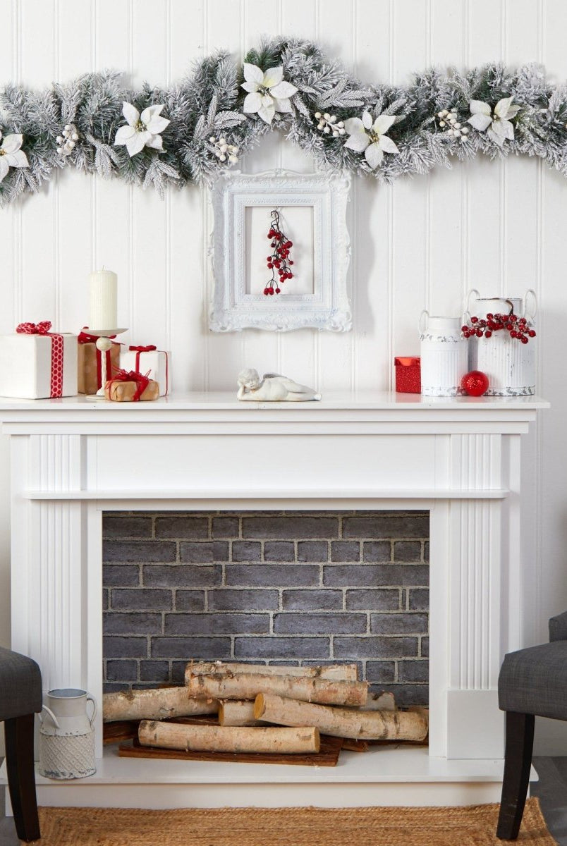 Shop For 6’ Flocked Poinsettia and Berry Artificial Christmas Garland with 50 Warm White LED Lights