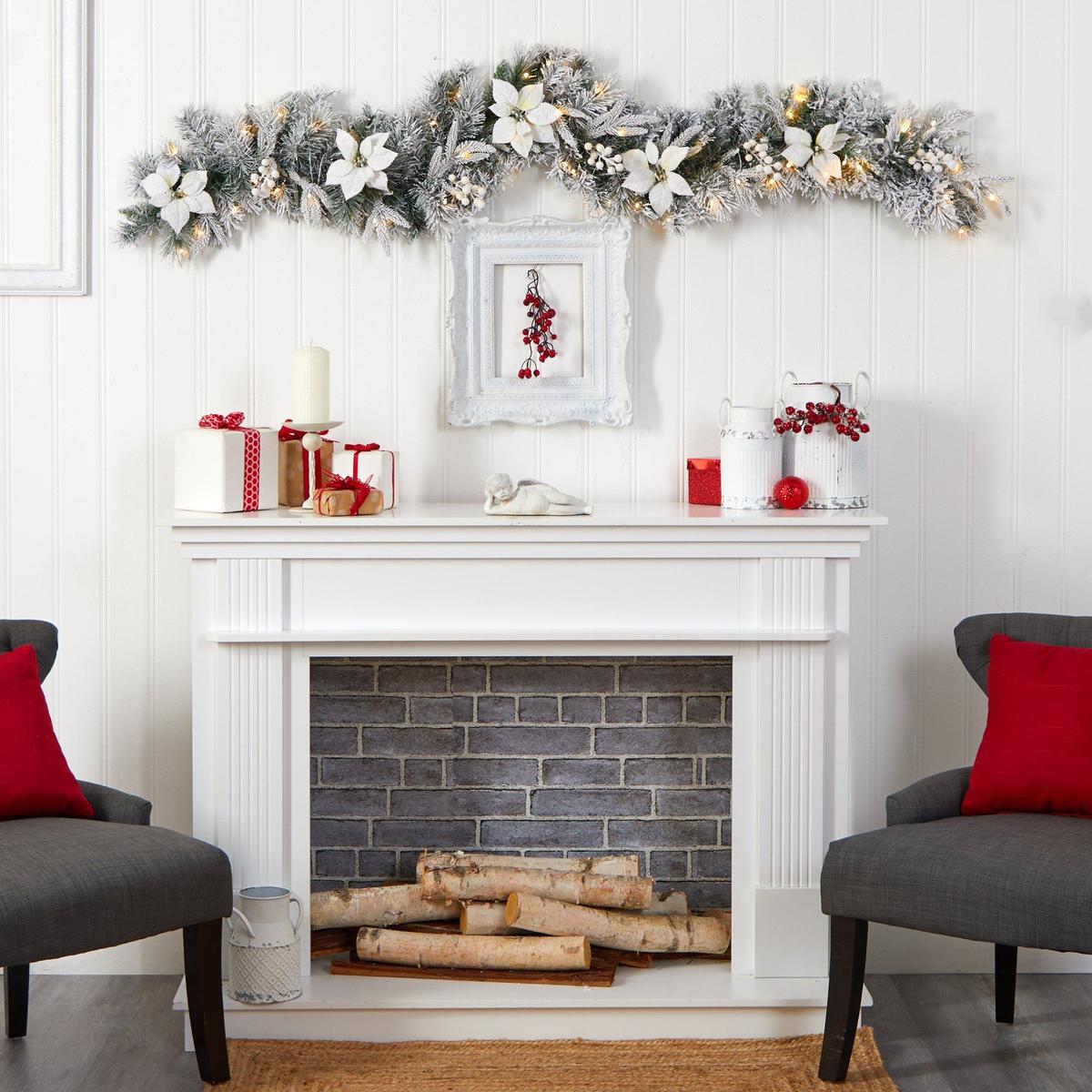 Shop For 6’ LED Flocked Poinsettia and Berry Christmas Garland