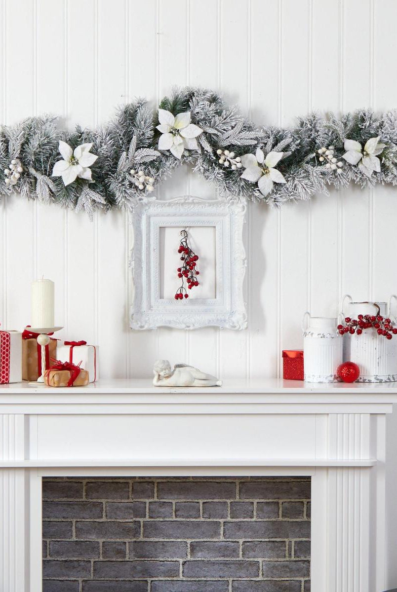 Shop For 6’ LED Flocked Poinsettia and Berry Christmas Garland