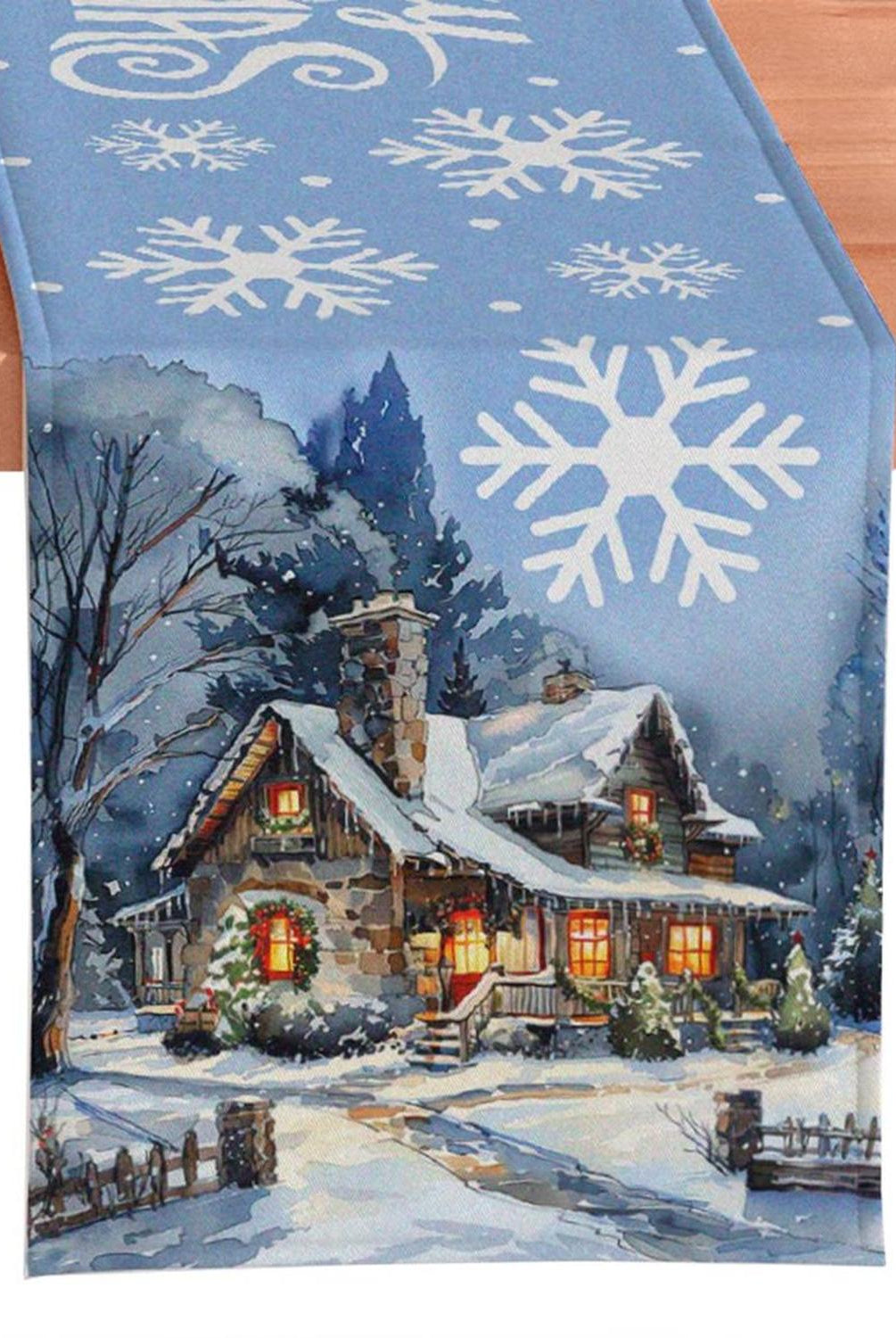 Gracefully Artful Winter Cabin 72" Table Runner, Merry Christmas Blue Rectangle Tablecloth with Snowflakes