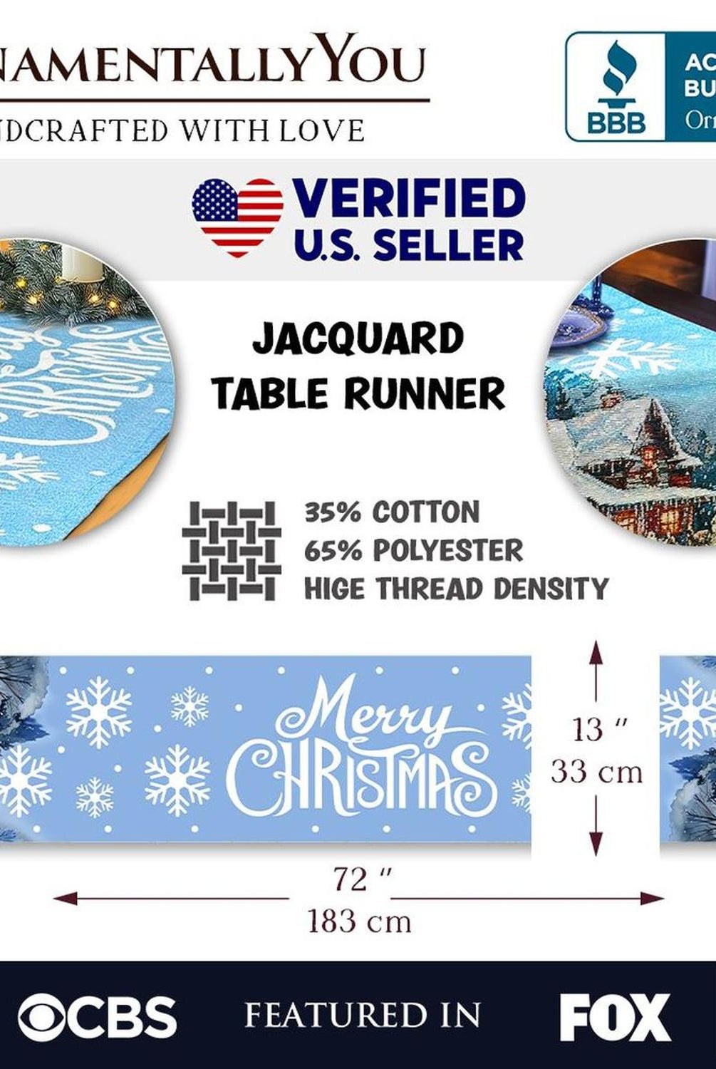 Gracefully Artful Winter Cabin 72" Table Runner, Merry Christmas Blue Rectangle Tablecloth with Snowflakes
