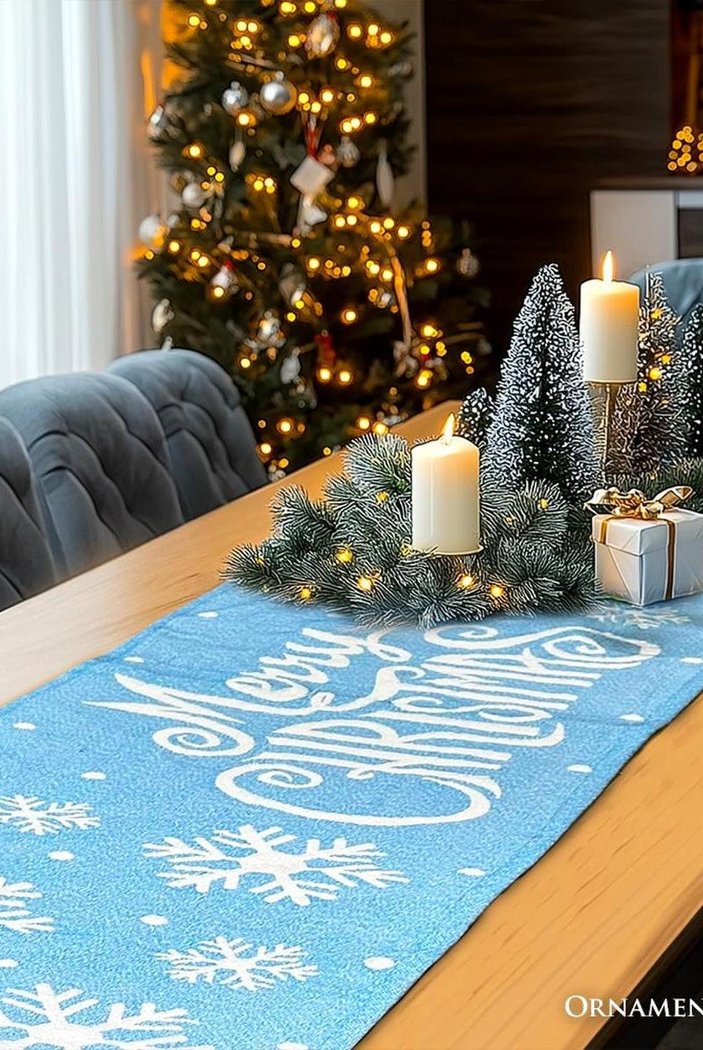 Gracefully Artful Winter Cabin 72" Table Runner, Merry Christmas Blue Rectangle Tablecloth with Snowflakes