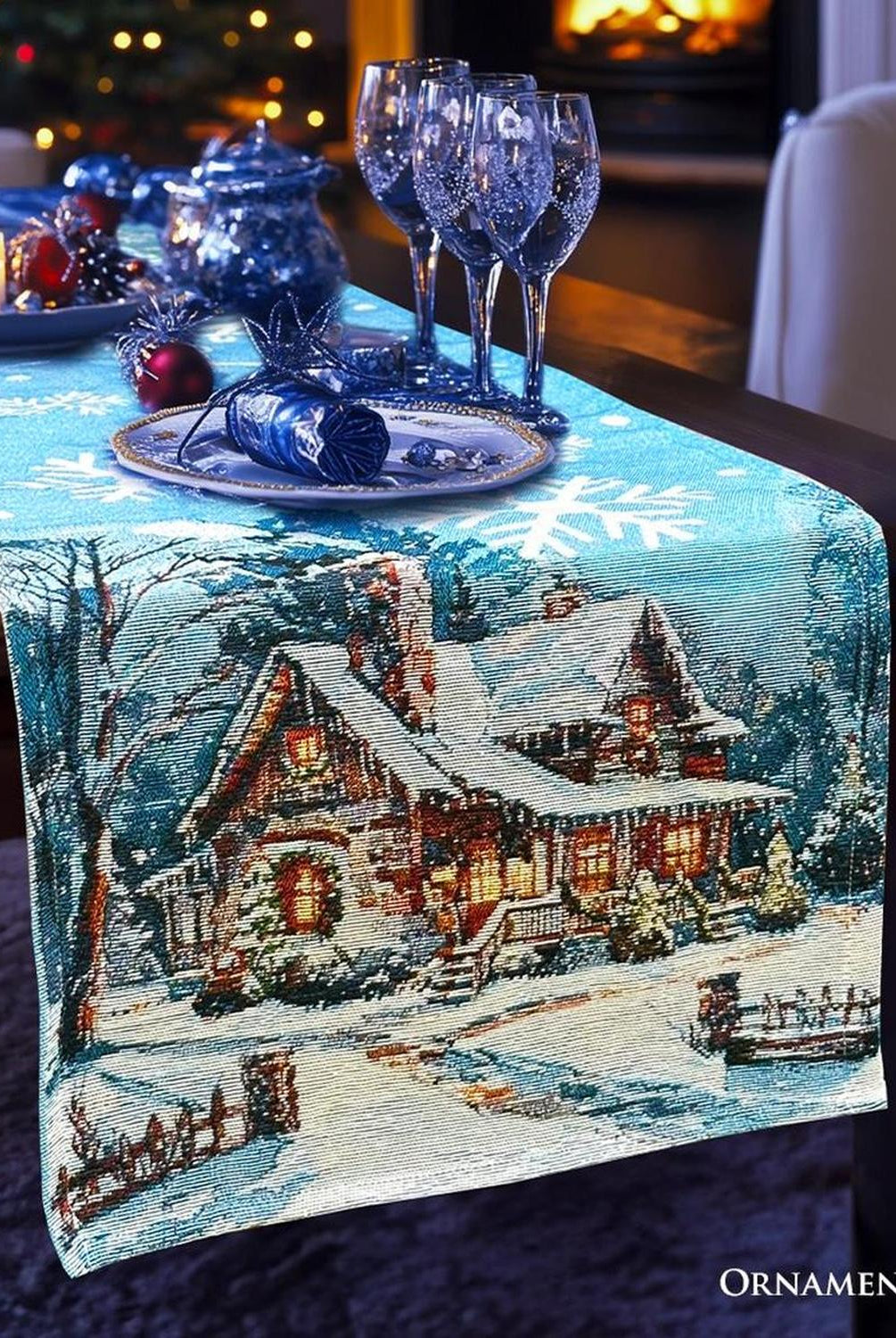 Gracefully Artful Winter Cabin 72" Table Runner, Merry Christmas Blue Rectangle Tablecloth with Snowflakes