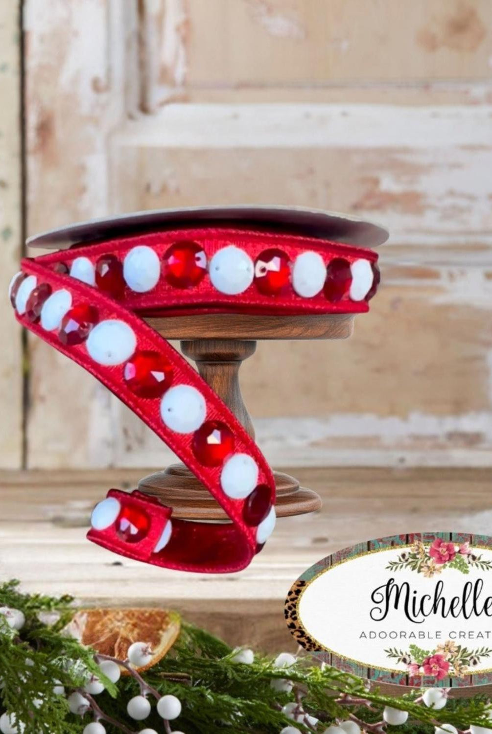.75" Gumdrop Garland Ribbon: Red/White (5 Yards)